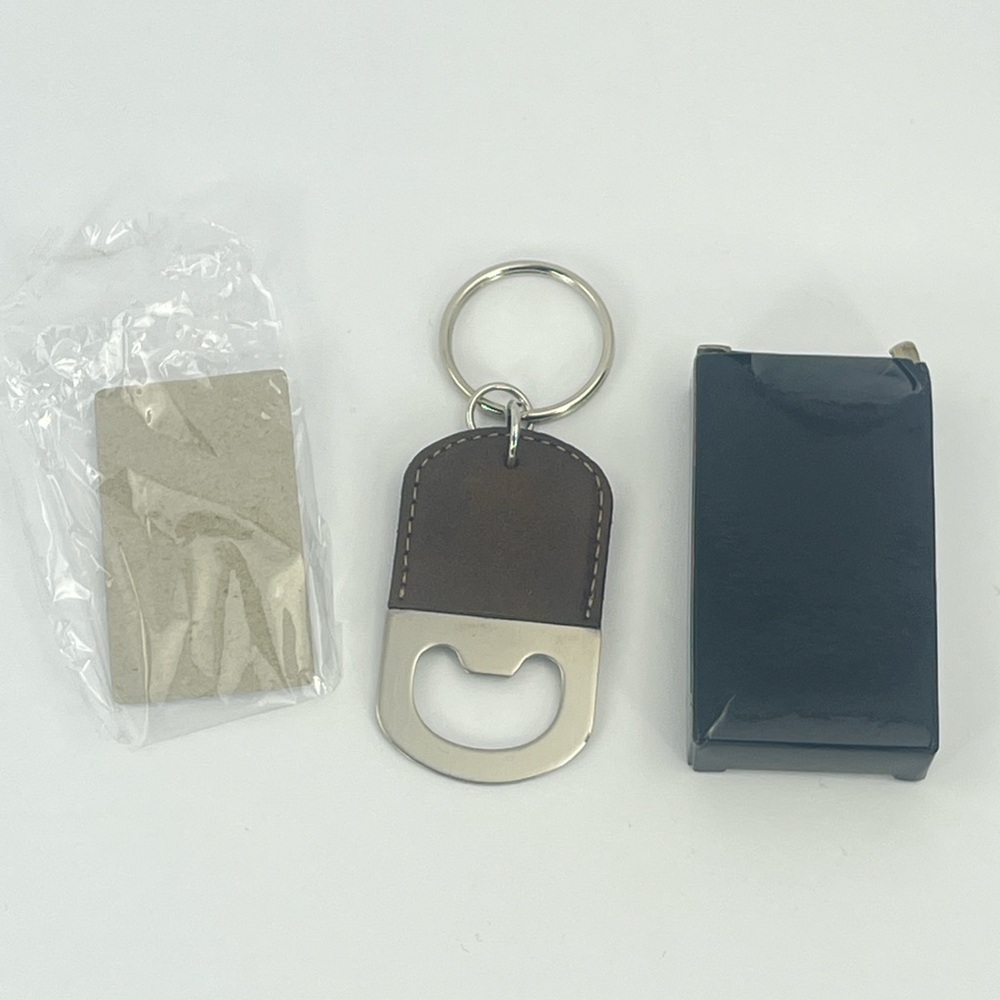 BOTTLE OPENER KEYCHAIN, FAUX LEATHER, BROWN COLOR, SILVER HARDWARE - Picture 5 of 8